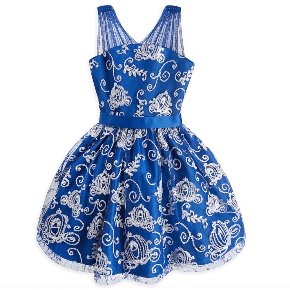 Disney Fancy Princess Dress Cinderella Blue Satin Sequis Carriage Scrolls Sz 7/8